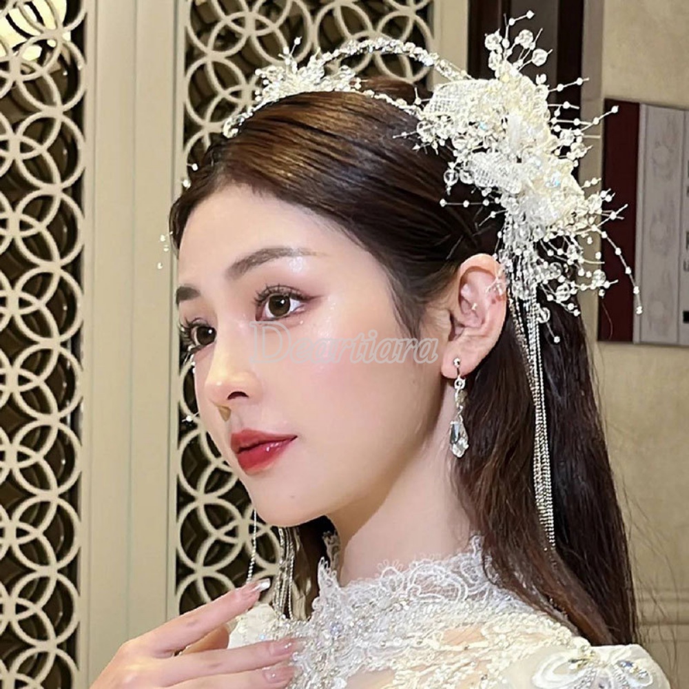 Hiasan Kepala Pengantin Wanita Super Abadi Handmade Asli Bunga Rumbai Rambut Band Kristal Mengkilap Virgin Mahkota Simpul Aksesoris Gaya Pernikahan