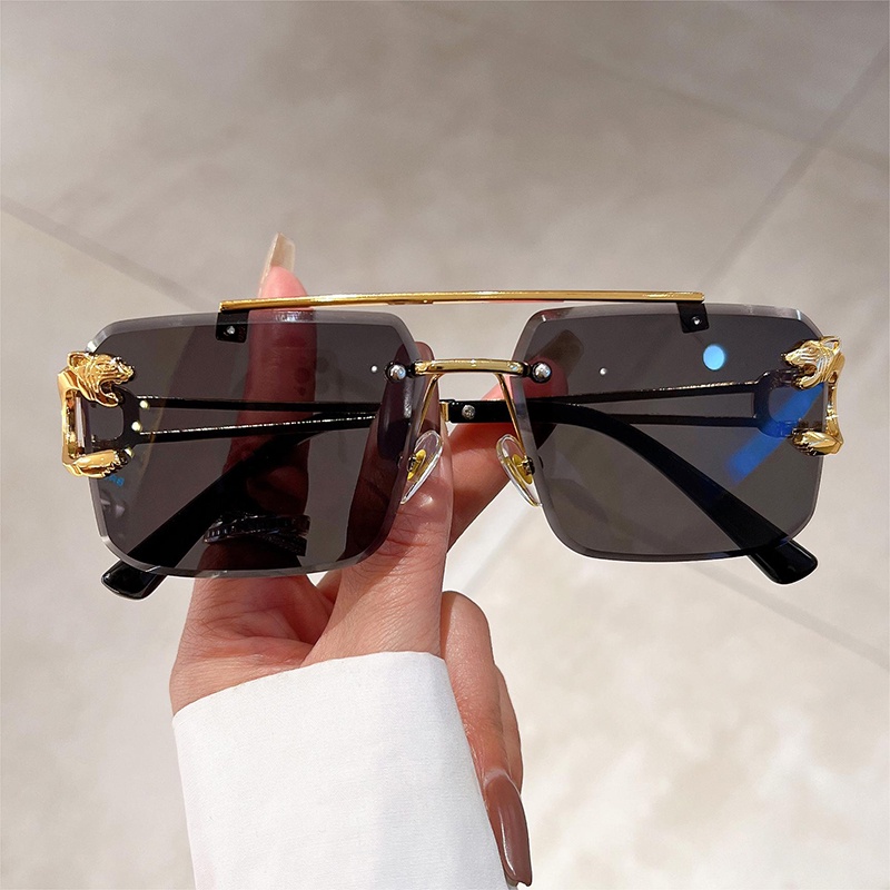 (YUZHU) Western Fashion Metal Sunglasses for Women New Fashion Double Beam Square Leopard Sunglasses Untuk Pria