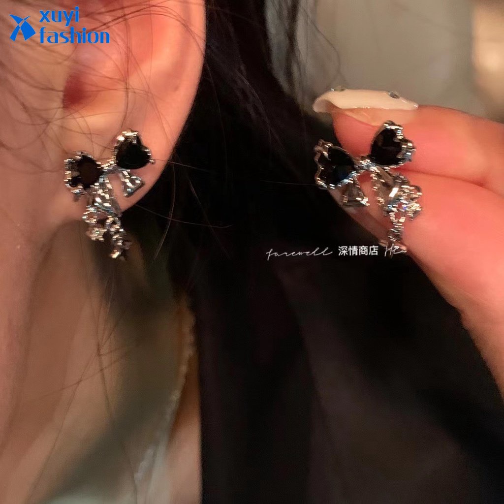 Y2k Bow Earring Anting Drop Kupu-Kupu Kristal Hitam Untuk Wanita Aksesoris Perhiasan Fashion