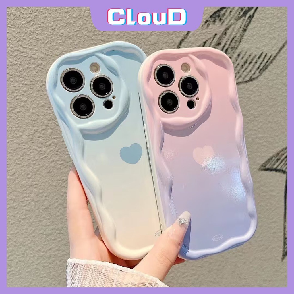 IPHONE Case Warna Permen Macaron Simple Kompatibel Untuk Iphone11 14 13 12 Pro Max 7Plus X XS Max XR 6 6s 7 8 Plus SE 2020 Gradiasi Cinta Hati 3D Wavy Curved Edge Tpu Soft Cover