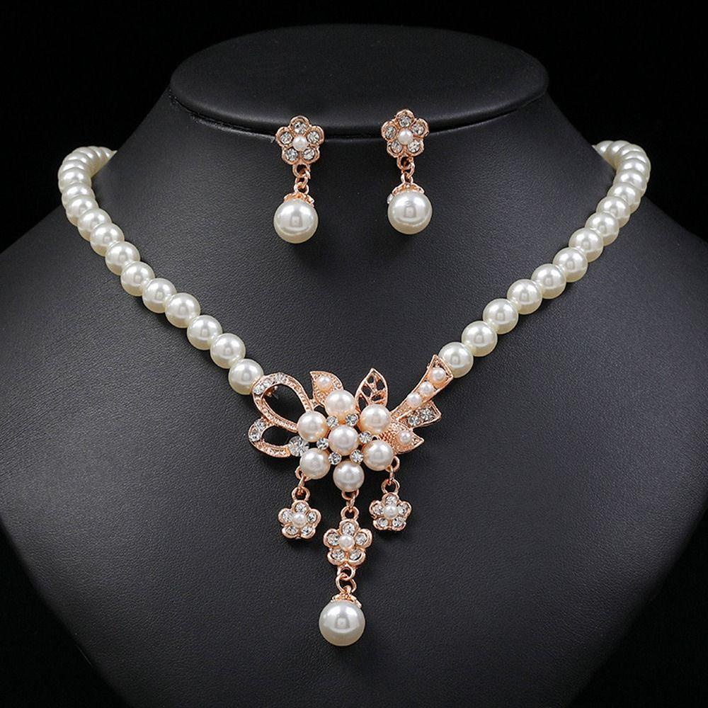 Needway   Set Perhiasan Pernikahan Pengantin Halus Romantis Vintage Mutiara Hadiah Anniversary Bunga Berlian Imitasi Gaya Korea Menjuntai Anting