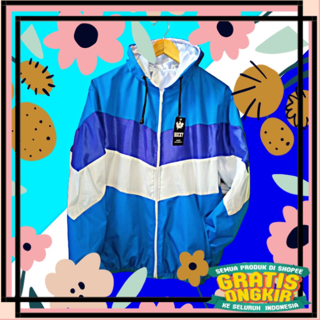 Jaket Parasut Biru Windbreakers Lumino Unisex Kombinasi Warna Semi Geng Motor/ Spesial Terbatas Teba