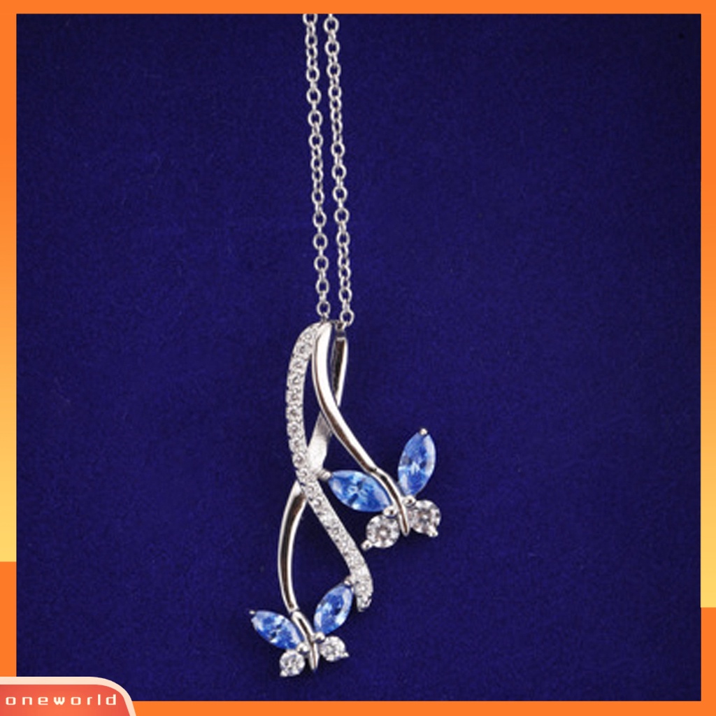 [ONE] Wanita Kalung Butterfly Biru Cubic zirconia Perhiasan Berkilau Electroplating Pendant Necklace Untuk Pernikahan