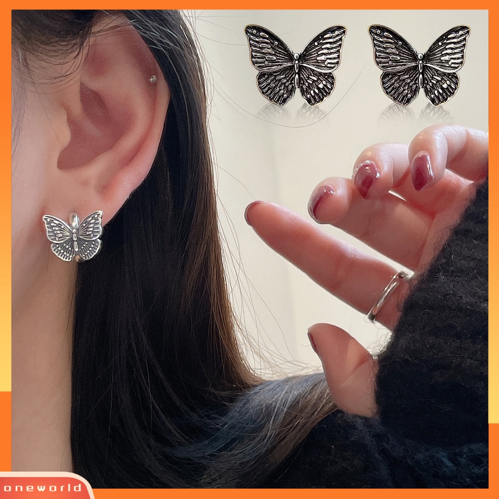 [ONE] 1pasang Anting Kupu-Kupu Vintage 3D Desain Hip Hop Retro Electroplating Anting Tusuk Geometris Untuk Wanita