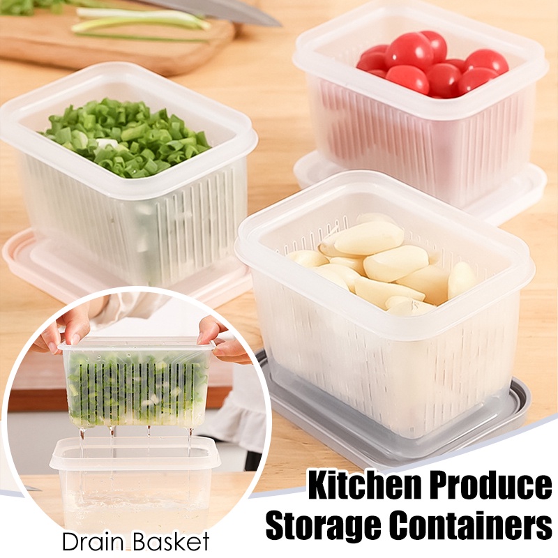 Double-layer Fresh-Keeping Drainage Case Wadah Penghemat Produksi Buah Sayuran Bumbu Dapur Kotak Penyimpanan Reusable Refrigerator Oragnizers Dengan Keranjang Saluran Yang Dapat Dilepas