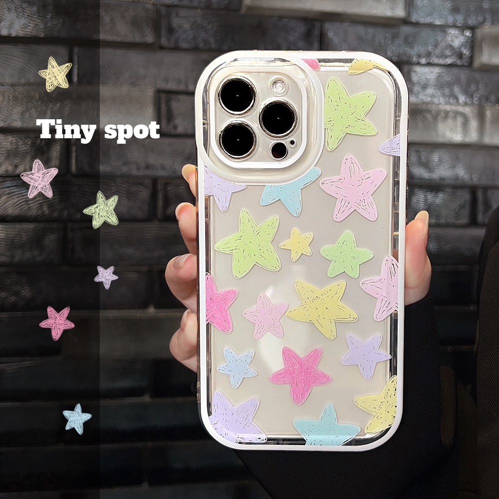 IPHONE Warna Macaron Gambar Tangan Doodle Bintang Transparan Shockproof Casing Ponsel Cover Untuk Iphone11 12 13 14 PLUS PRO MAX