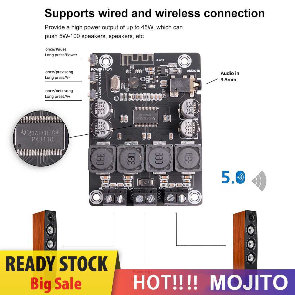 Tpa3118 2x45W 12V 24V Papan Penguat Daya Audio Stereo Kompatibel Dengan Bluetooth