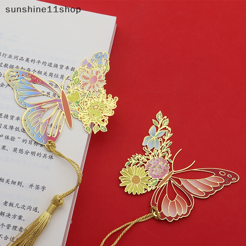 Sho Bookmark Bunga Kupu-Kupu Logam Gaya Cina Indah Berongga Rumbai Liontin Buku Klip Siswa Alat Membaca Perlengkapan Sekolah N