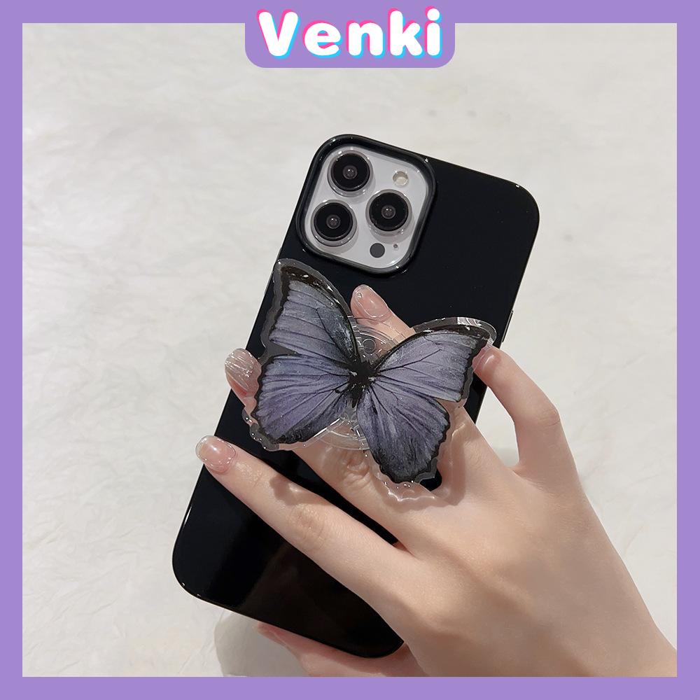 VENKI - Untuk iPhone 14 Pro Max iPhone Case dengan Dudukan Lipat Kupu-kupu Pegangan Bening Hitam Glossy TPU Soft Case Shockproof Kompatibel dengan iPhone 13 Pro max 12 Pro Max 11 xr xs max 7