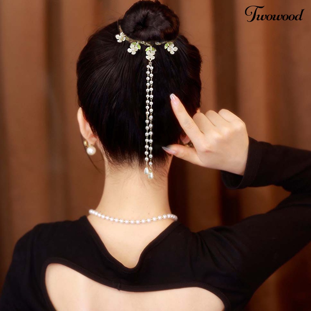 Twowood Lady Ponytail Claw Flower Decor Multi Teeth Rumbai Mutiara Imitasi Stainless Hiasan Rambut Ringan Pengantin Hair Bun Hair Card Aksesoris Rambut