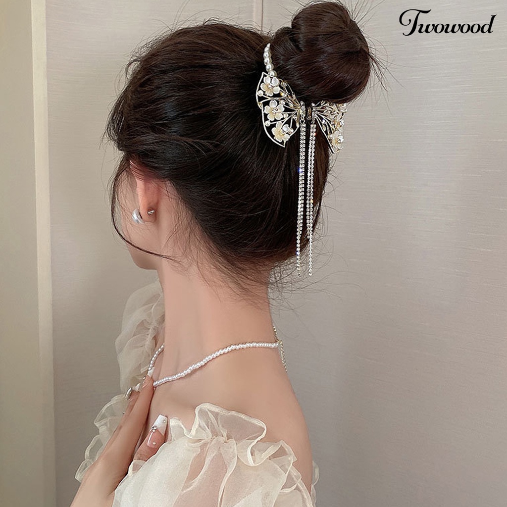 Twowood Faux Pearls Rhinestones Bunga Dekorasi Bakso Rambut Klip Rumbai Sisir Desain Besar Kupu-Kupu Dekorasi Ponytail Hairpin Aksesoris Rambut