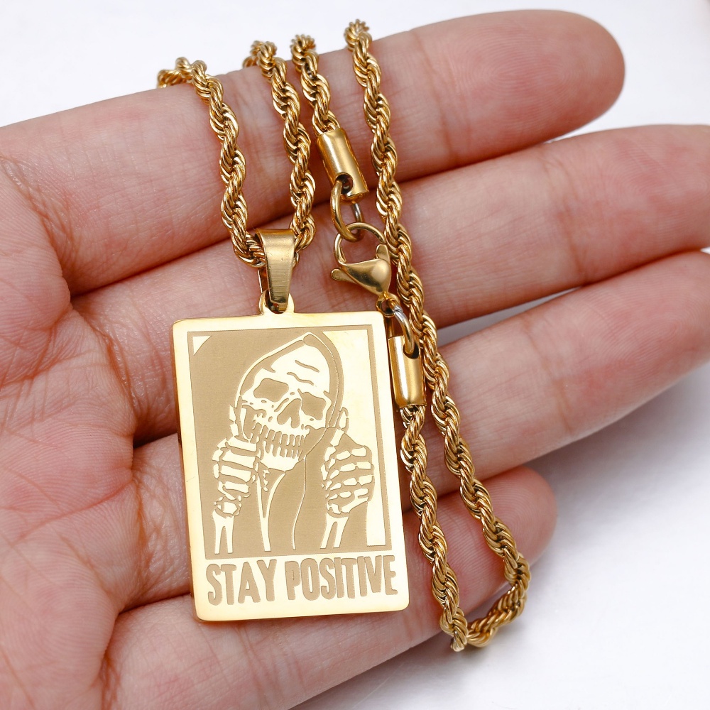 [X C Kalung] Baru Emas &amp; Perak Hip-hop Punk Retro Persegi Army Kartu Tengkorak Baja Titanium Liontin Stainless Steel Kalung Untuk Pria Dan Wanita Hadiah Liburan Perhiasan