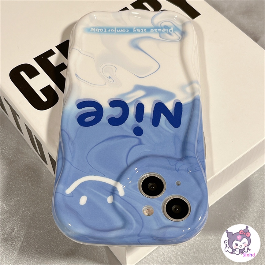 Samsung A14 A04e A12 A13 A24 A23 A22 A33 A50 A50s A30s A53 A54 A51 A52 A03s A02s A04 M12 M22 Ins Biru Putih Smile 3D Tepi Melengkung Gelombang Glossy Shockproof Casing Ponsel Soft Cover