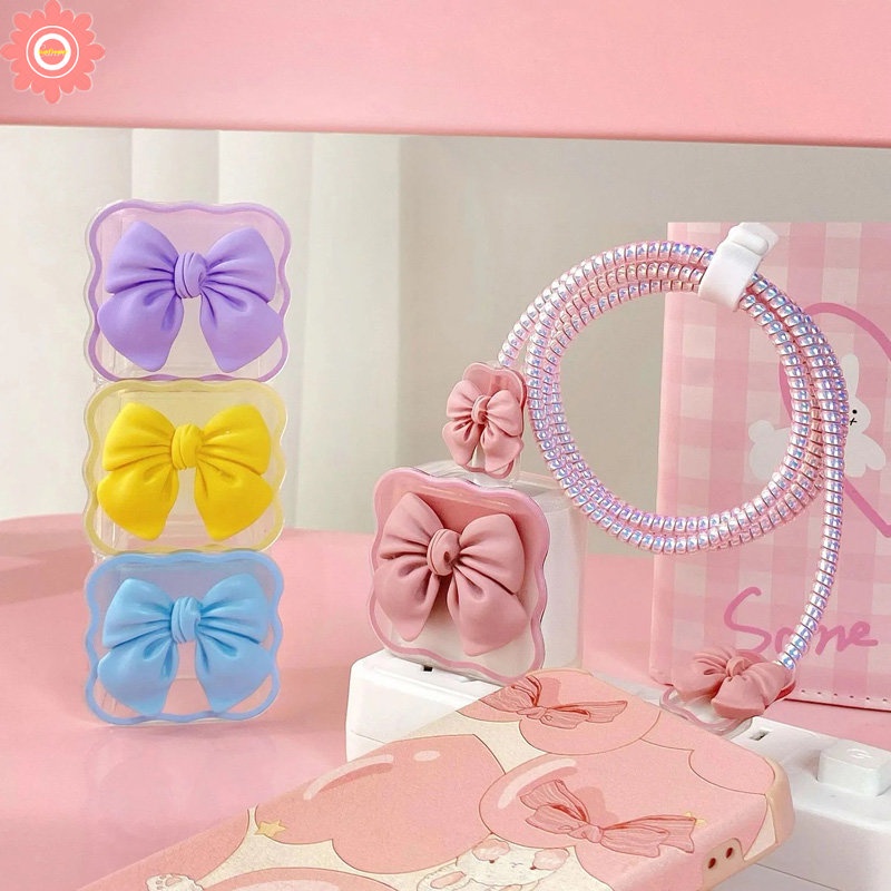 3d Macaron Warna Permen Manis Busur Charger Pelindung Charger Perlindungan Set Untuk iP 18/20W Charger Case USB Cable Bite Protector Cover