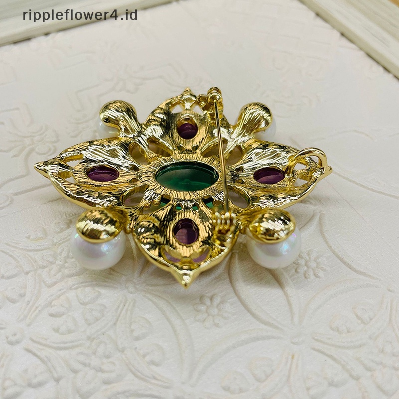 {rippleflower4.id} Warna-warni Vintage Berongga Ukir Mutiara Bros Kaca Imitasi Cross Pin Niche Pakaian Fashion Bros Mantel Perhiasan Aksesoris~