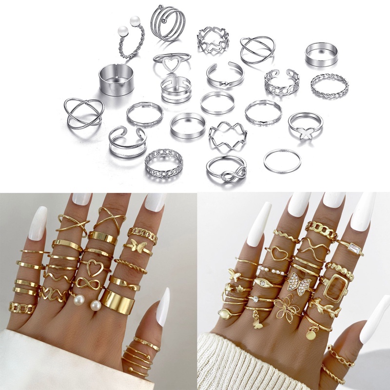 22pcs/set Mutiara Warna Emas Cincin Vintage Kupu-Kupu Cincin Untuk Wanita Geometris Fashion Jantung Cincin Berongga Perhiasan Trendi Aksesoris
