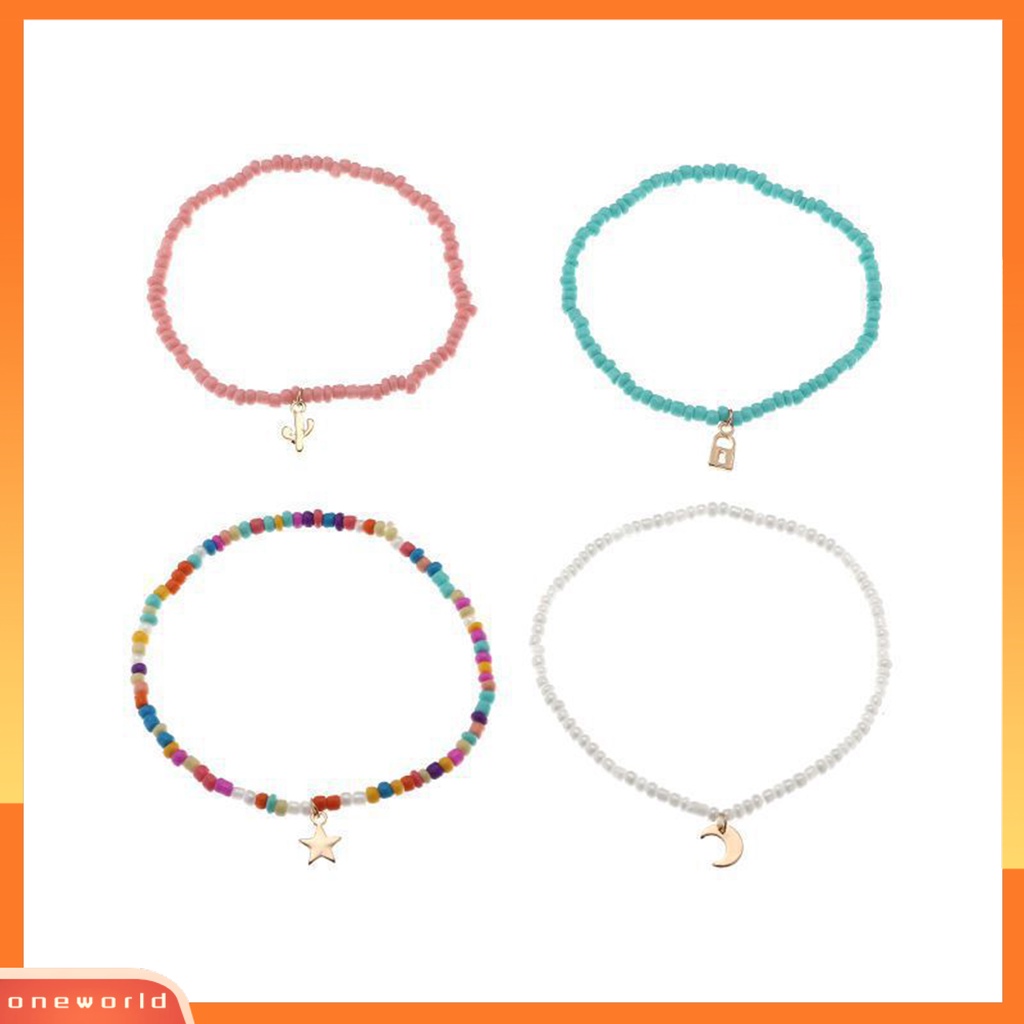 [WOD] 4 Pcs Rantai Kaki Warna Vibrant Indah Liontin Eye-catching Warna-Warni Wanita Manik-Manik Elastis Gelang Kaki Perhiasan Hadiah Ulang Tahun