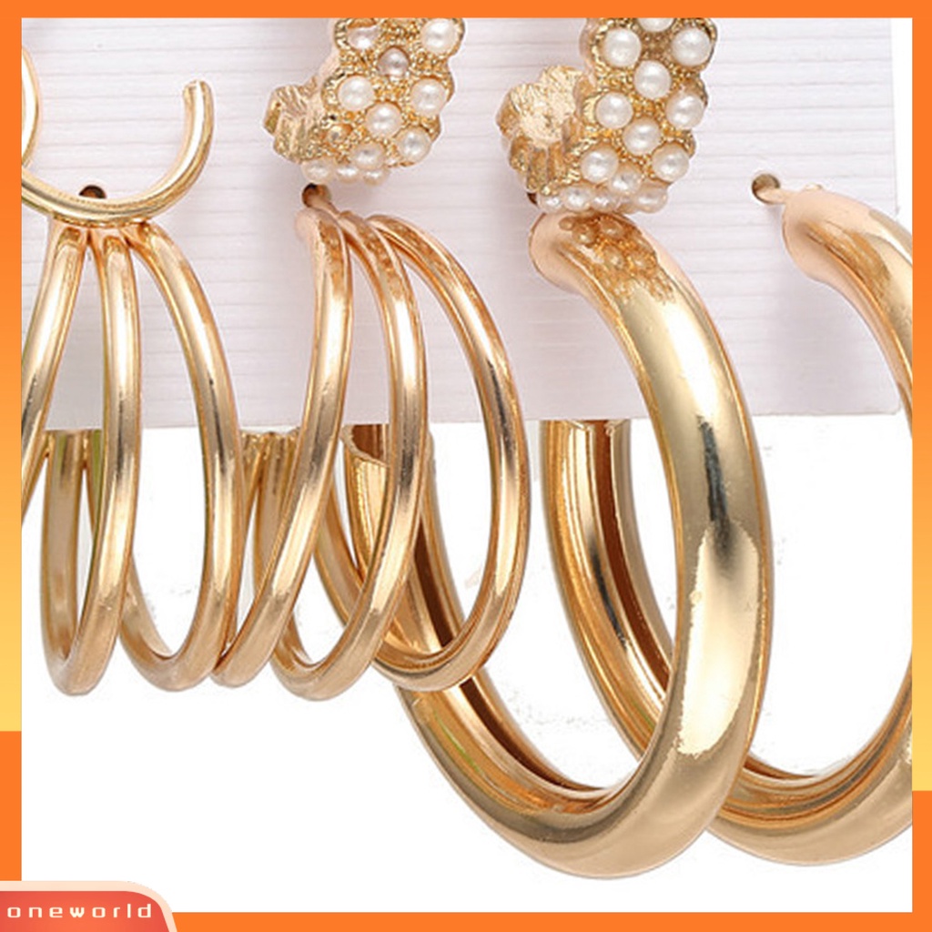 [WOD] 5pasang Anting Hoop Bentuk Bulat Mutiara Imitasi Logam Bohemian Geometri Semua Pertandingan Anting Lingkaran Untuk Pakaian Sehari-Hari