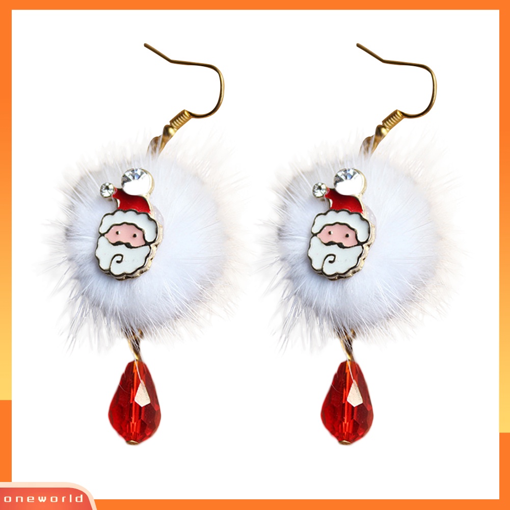 [WOD] Wanita Santa Claus Elk Pompom Berlian Imitasi Menjuntai Kait Anting Xmas Perhiasan Hadiah