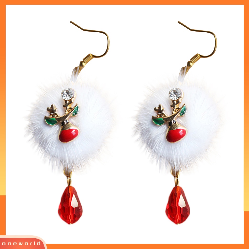 [WOD] Wanita Santa Claus Elk Pompom Berlian Imitasi Menjuntai Kait Anting Xmas Perhiasan Hadiah