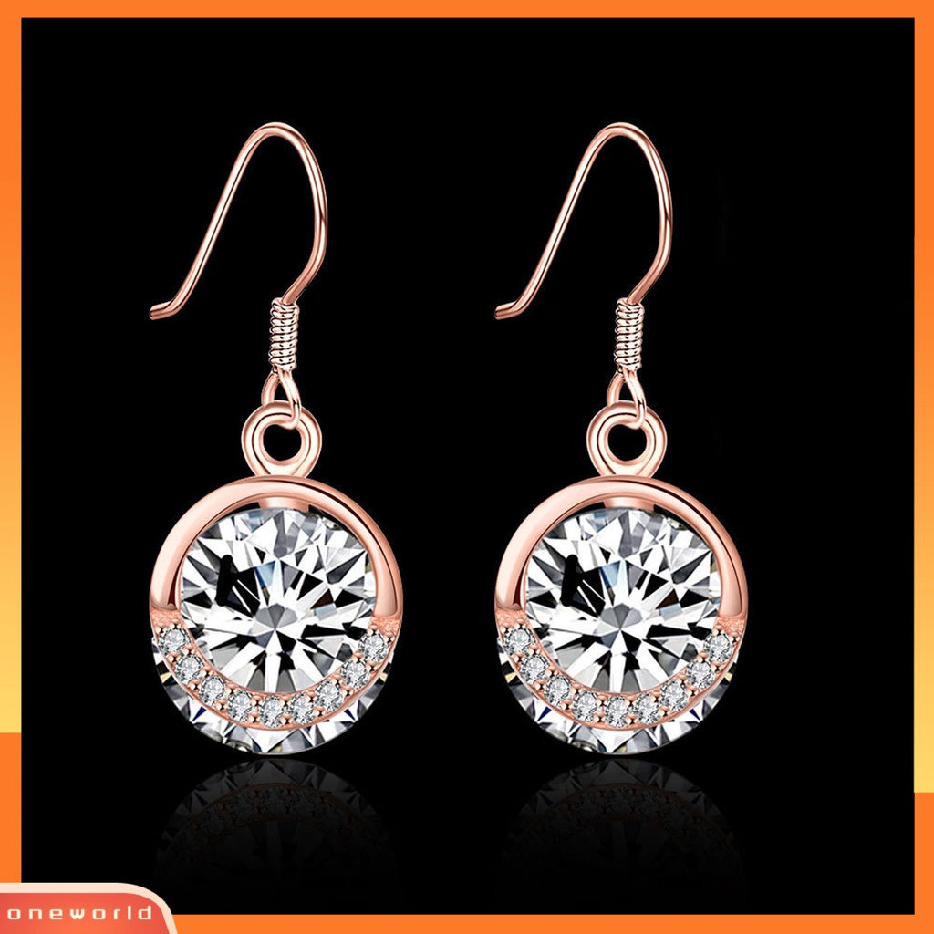 [WOD] 1pasang SILVERHOO Ladies Earrings Berlian Imitasi Semua Pertandingan Warna Rose Gold Wanita Bulat Cubic Zirconia Menjuntai Hook Earrings Untuk Belanja