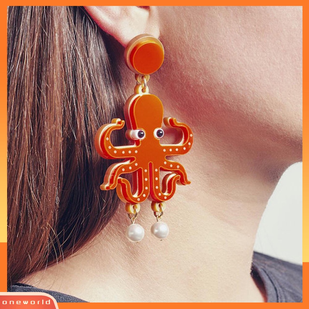 [WOD] Kreatif Lady Akrilik Lobster Gurita Mutiara Imitasi Liontin Statement Stud Earrings