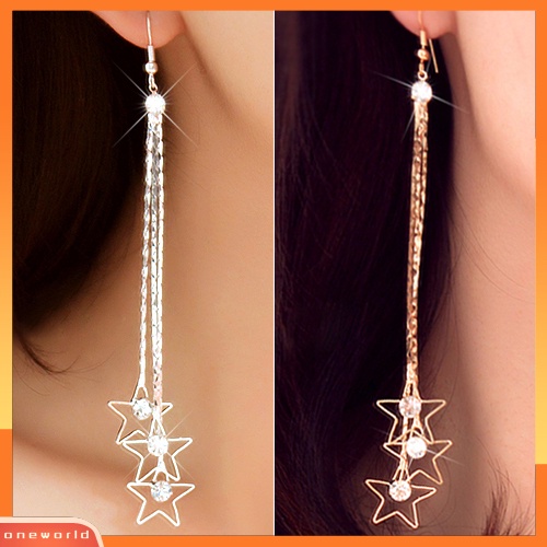 [WOD] Wanita Pentacle Berlian Imitasi Drop 3lapisan Rantai Jumbai Panjang Menjuntai Linear Earrings