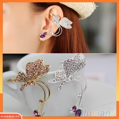 [WOD] 1pc Stud Anting Kupu-Kupu Klip Telinga Kristal Wanita Elegan Untuk Telinga Kiri