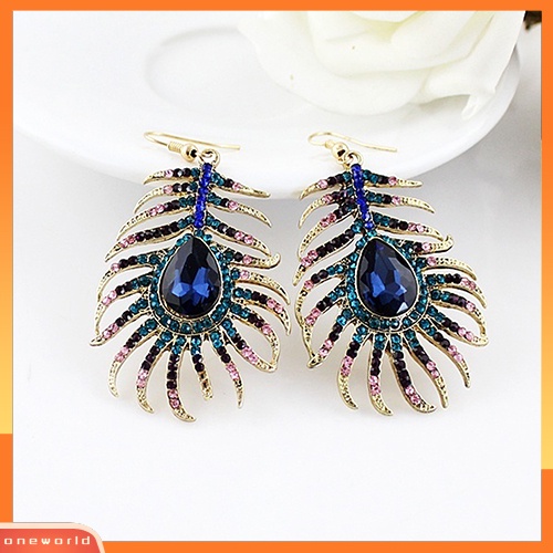 [WOD] 1pasang Wanita Retro Berlian Imitasi Bentuk Bulu Merak Statement Hook Menjuntai Anting