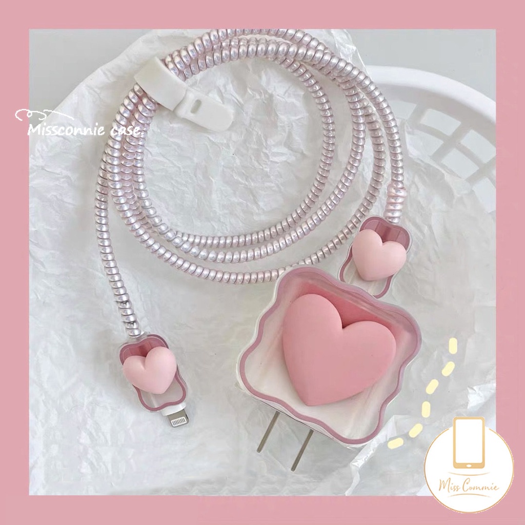 Cute 3D Permen Macaron Color Gradient Love Heart Wavy Edge 5in1 Charger Protector Set Kompatibel Untuk Apple 18/20W Adaptor Charger Dengan Penutup Pelindung Gigitan Kabel