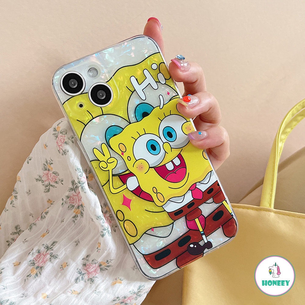 Casing Ponsel Motif Cangkang Glitter Untuk iPhone 14 Pro 11 12 13 Pro Max SpongeBob Lucu SquarePants Fashion Kartun Shockproof Back Cover