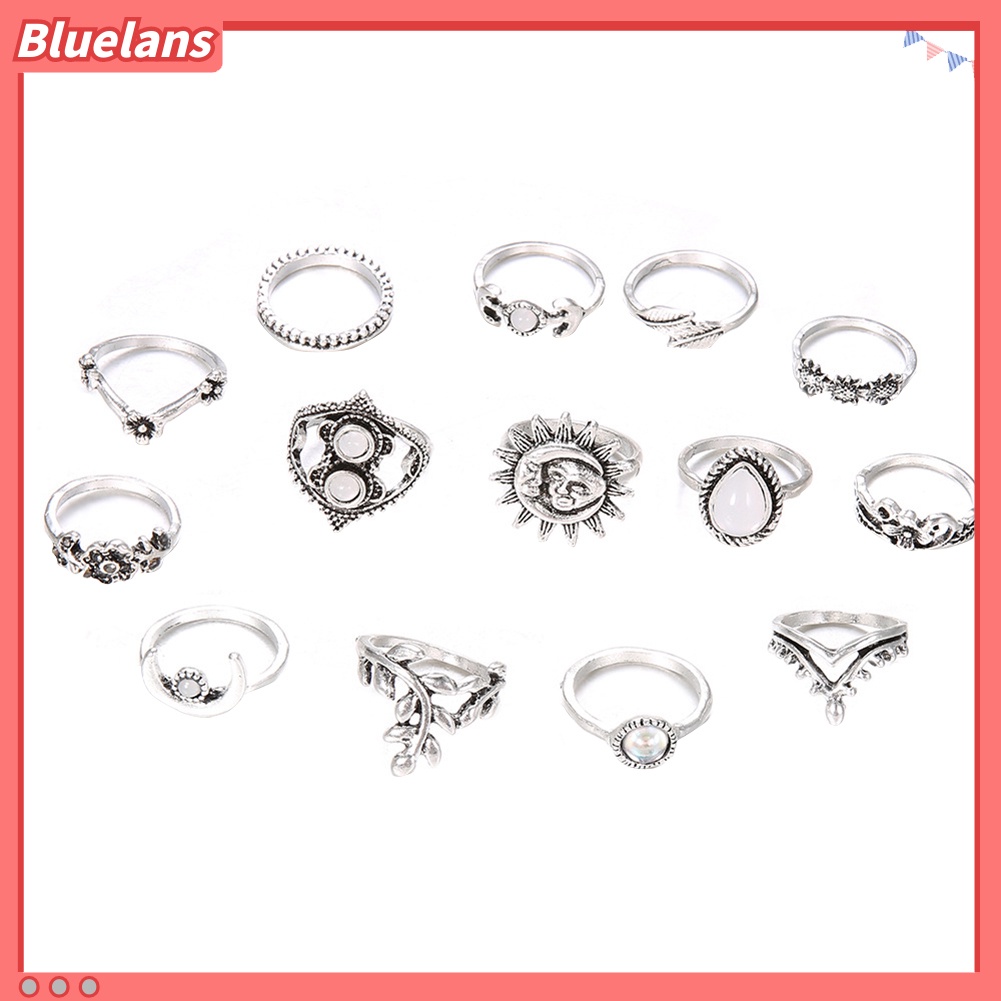 [BLS] 14pcs Vintage Bunga Matahari Bulan Jari Midi Knuckle Rings Set Wanita Pesta Perhiasan