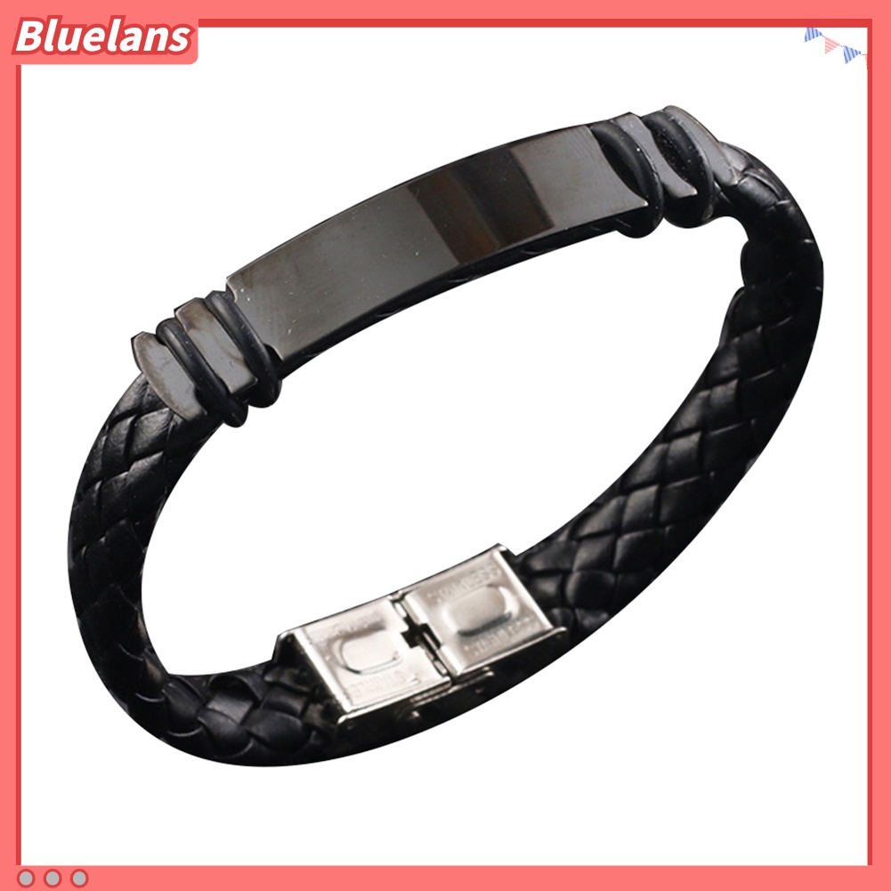 [BLS] Fashion Pria Silikon Faux Braided Leather Buckle Clasp Gelang Bangle Perhiasan