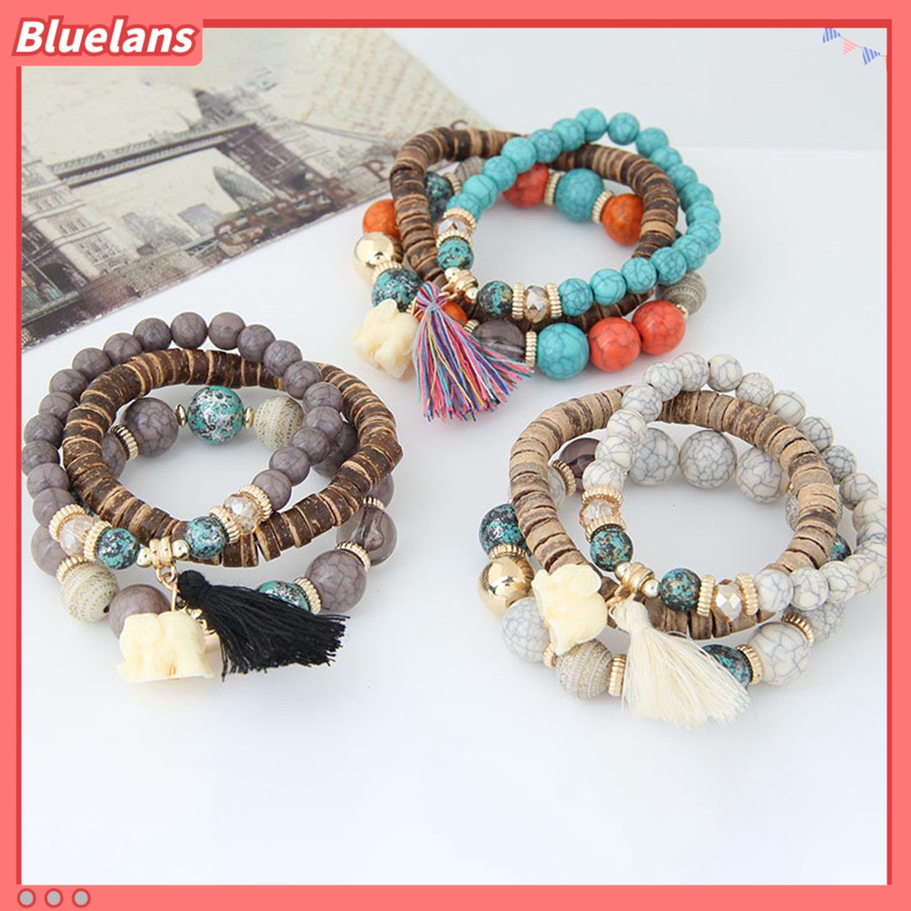 [BLS] 3pcs/set Tali Elastis Multilayer Resin Wanita Gelang Wanita Bohemia Gajah Rumbai Manik-Manik Gelang Perhiasan Aksesori