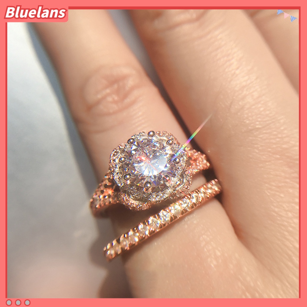 [BLS] 2 Pcs Temperamen Indah Kilau Terang Electroplating Engagement Rings Shiny Rhinestone Women Finger Rings Aksesoris Perhiasan