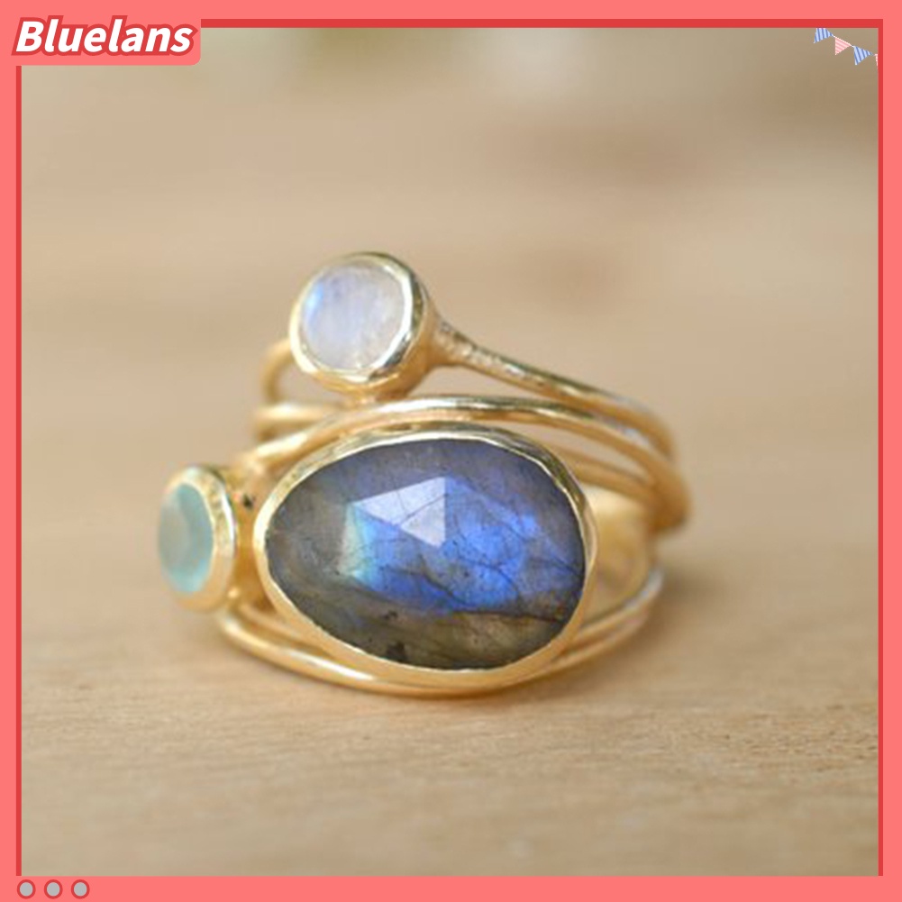[BLS] Vintage Irregular Multilayer Buatan Moonstone Wanita Jari Cincin Perhiasan Hadiah