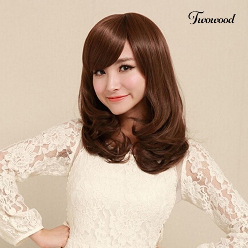 Twowood Wanita Fashion Sedang Panjang Keriting Rambut Alis-skimming Poni Cosplay Pesta Penuh Wig