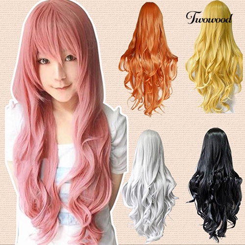 Twowood Wanita Panjang Keriting Besar Bergelombang Rambut Populer Warna-Warni Keren Perma-long Cosplay Wig