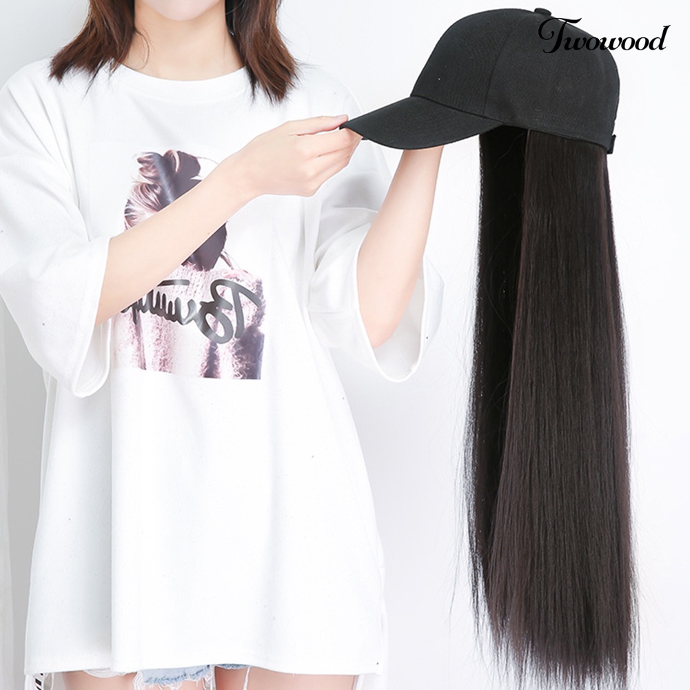 Twowood Wanita Kreatif 2in1 Sopak Rambut Palsu Lurus Panjang Keriting Dengan Topi Baseball