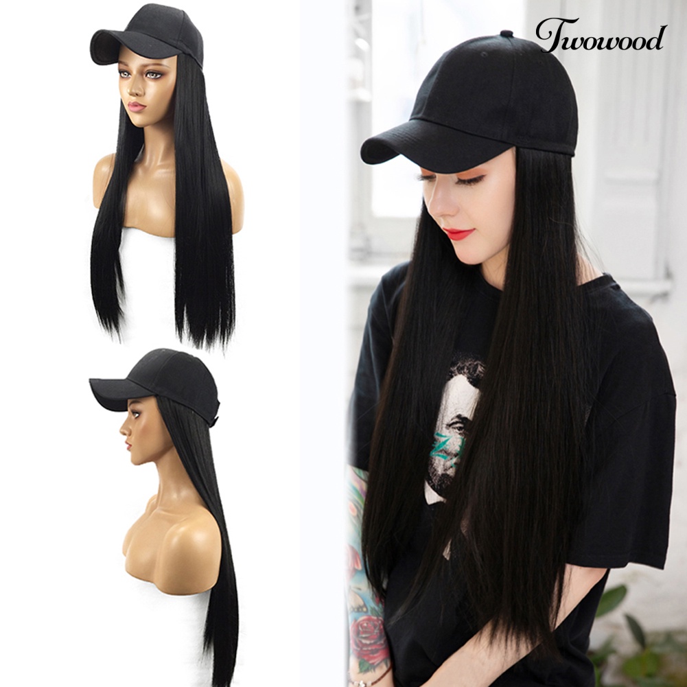 Twowood Charming Women Long Straight Rambut Sintetis Ekstensi Wig Sopak Dengan Topi