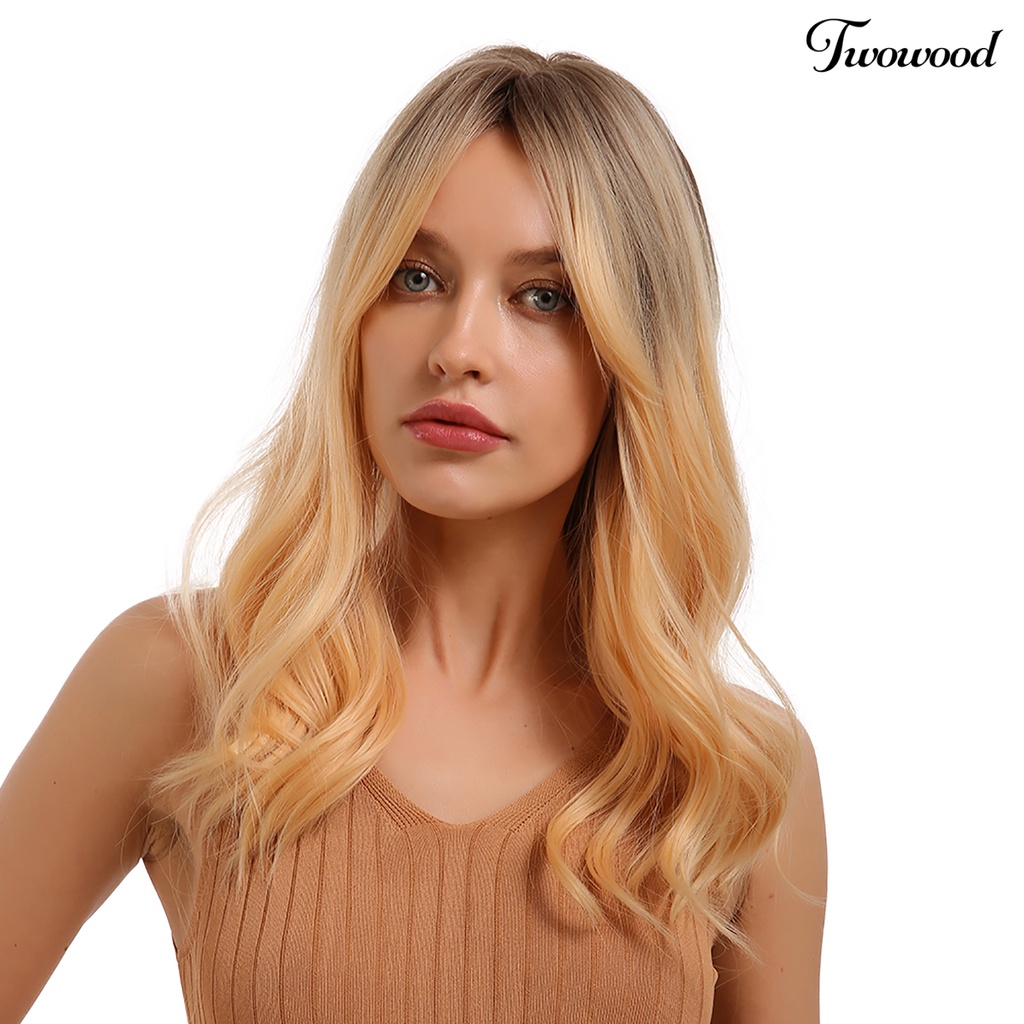 Twowood Wanita Bergelombang Medium Rambut Panjang Fashion Tahan Panas Pesta Cosplay Wig Sintetis