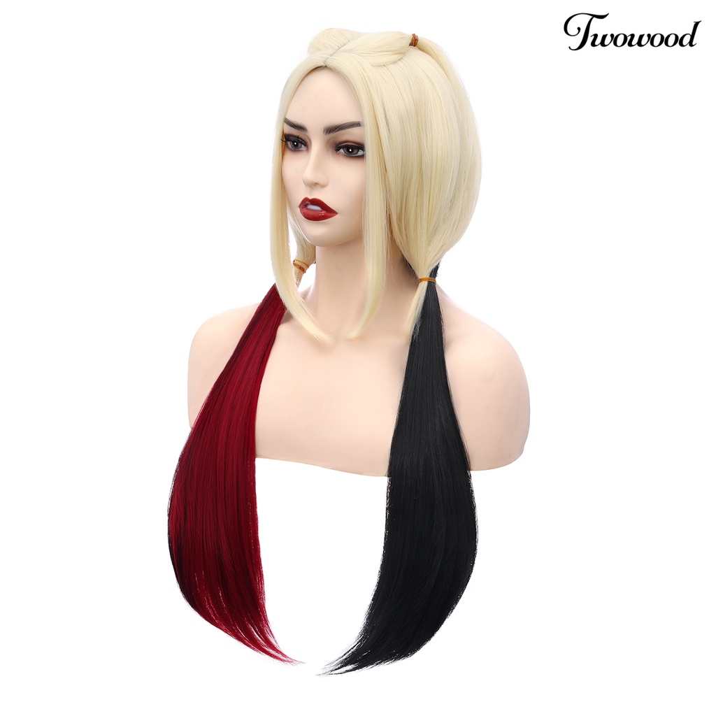 Twowood Cosplay Wig Halus Hitam Merah Putih Lembut Tahan Panas Kostum Rambut Sintetis Lurus Panjang Untuk Pesta Bertema