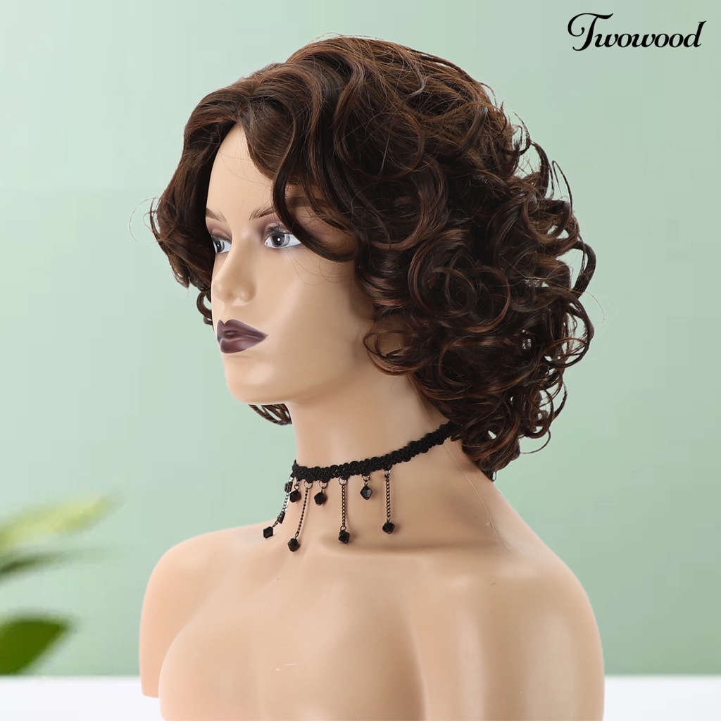 Twowood Wig Serat Kimia Sentuhan Kulit Nyaman Dipakai Berbulu Realistis Trendi Berdandan Suhu Tinggi Sutra Perempuan Coklat Pendek Keriting Wig Untuk Lady