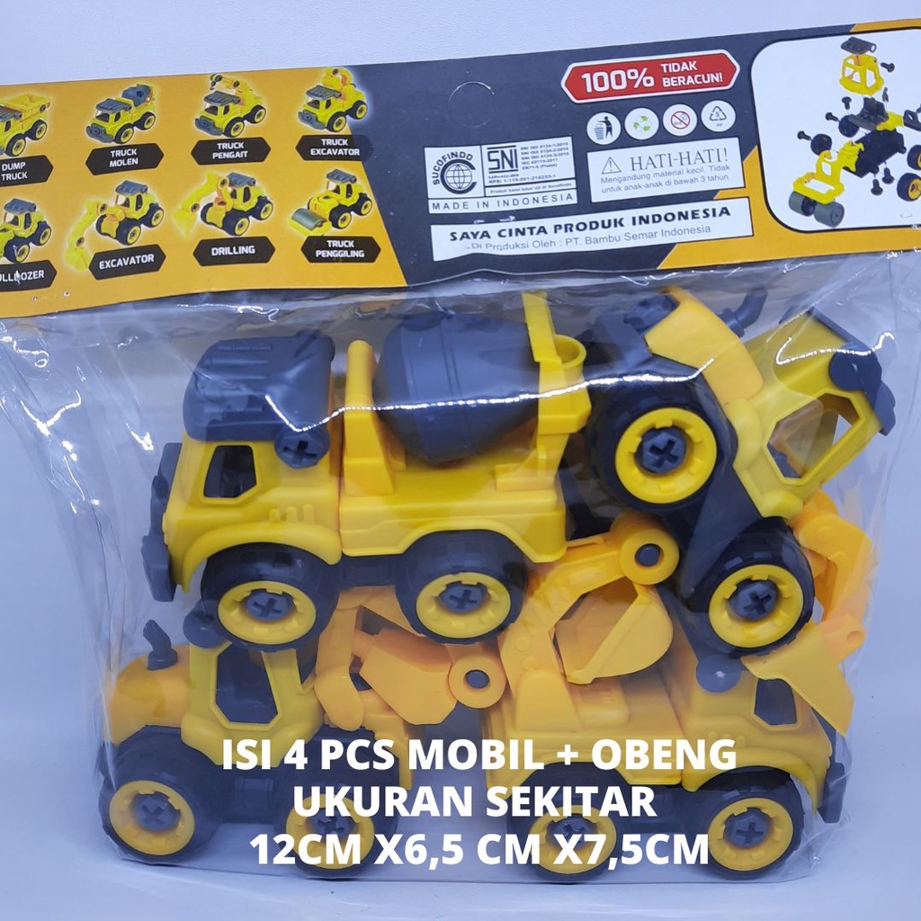 Mainan Edukasi Anak | Mobil Bongkar  Model Truk konstruksi Lengkap Isi 4 Bonus Obeng 1SET 4PCS KGP-10