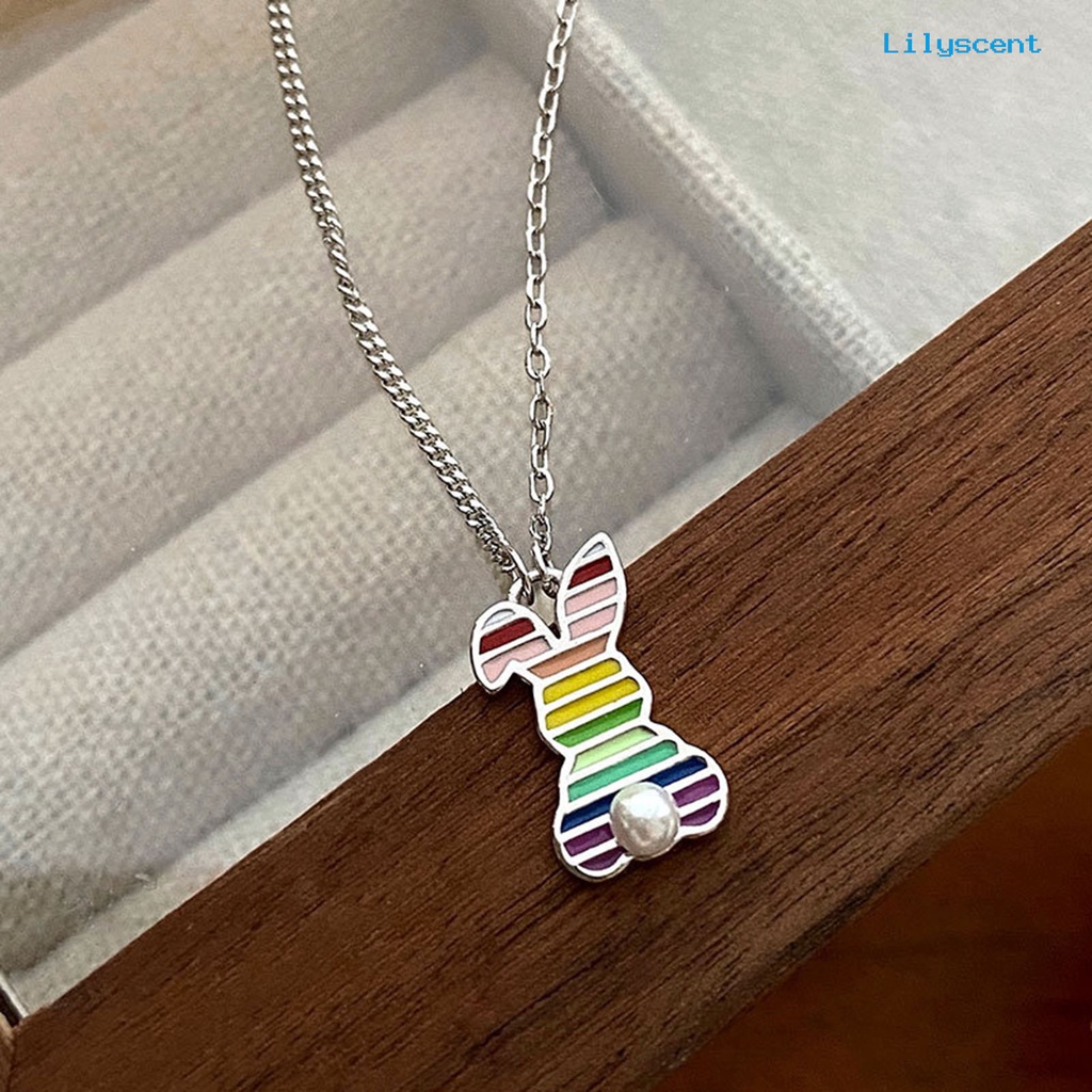 [LS]Wanita Kalung Rainbow-dripping Minyak Bergaris Mutiara Imitasi Elegan Kelinci Liontin Klavikula Kalung Fashion Perhiasan