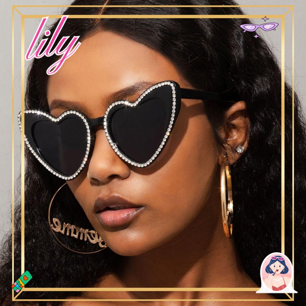 Lily Diamond Heart Sunglasses Trendy Kostum Perlindungan UV400 Kacamata Matahari Bersinar Hitam Untuk Unisex