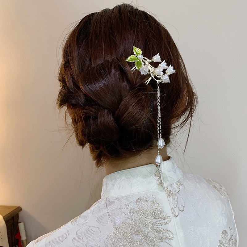 Lily of the Valley Bunga Kusut Rumbai Gaya Cina Baru Jepit Rambut Antik Langkah Goyang High-End Hairpin