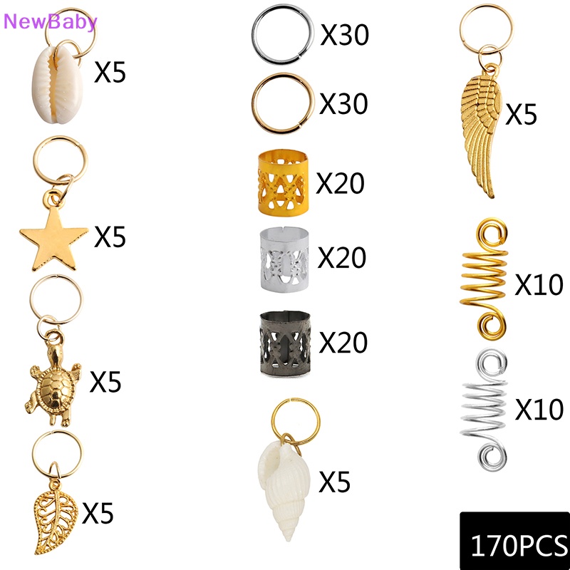 Newbaby 60-170pcs Mix Rambut Cincin Kepang Rambut Gimbal Manik-Manik Manset Klip Aksesoris Rambut ID