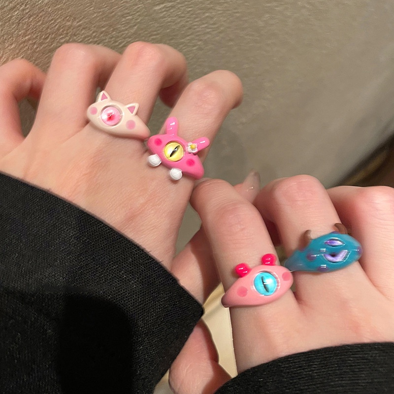 Baru Lucu Kartun Kucing Merah Muda Kelinci Evil Eye Opening Rings Wanita Gadis Harajuku Warna-Warni Monster Devil Eyes Jari Cincin Perhiasan