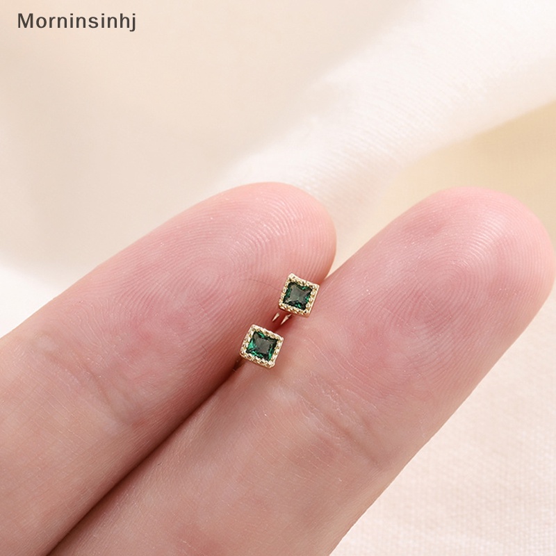 Mornin Earring Stud Anting Tusuk Bentuk Kotak Cubic Zirconia Warna Emerald Untuk Wanita Trendy id